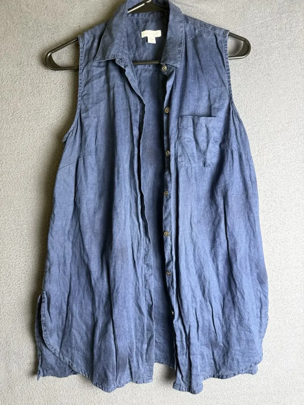 J Jill Love Linen Sleeveless Tunic Button Up Collared XS Navy Blue Summer